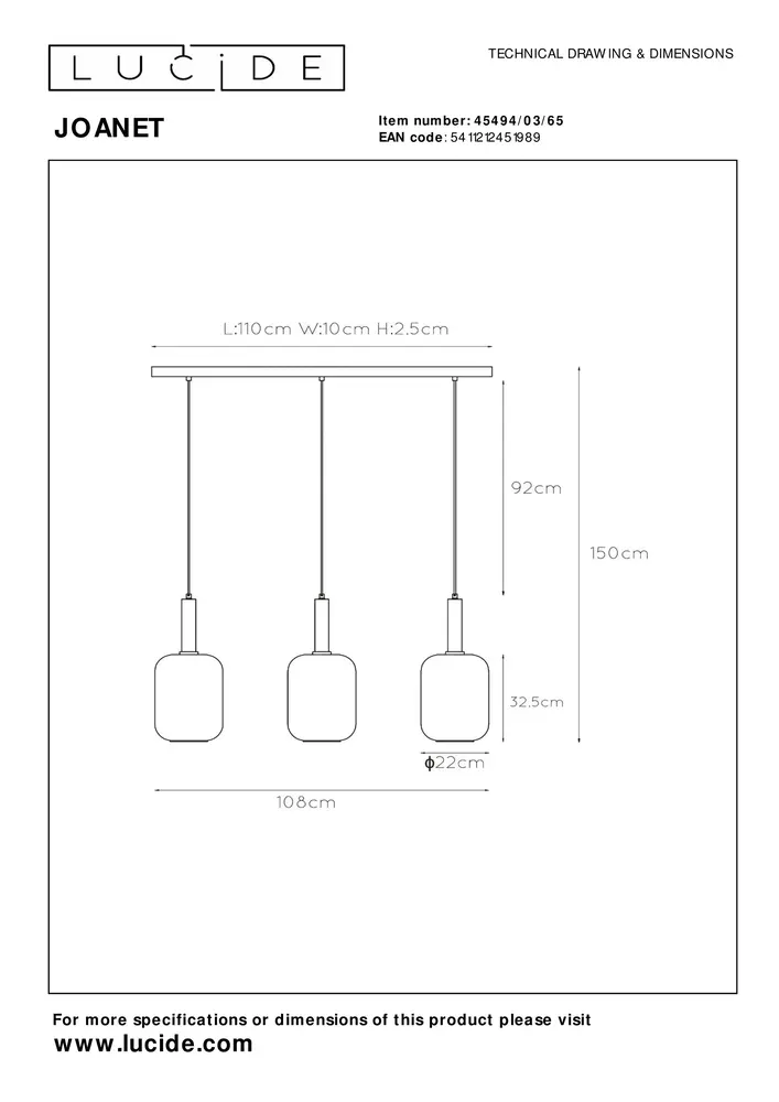 Lucide JOANET - Hängeleuchte - 3xE27 - Fumé Lucide JOANET - Hängeleuchte - 3xE27 - Fumé