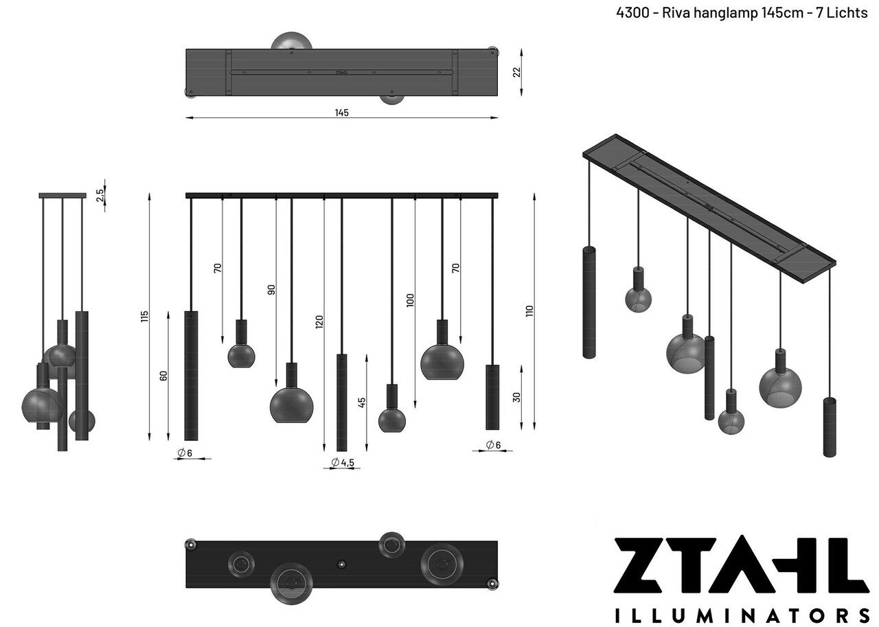 Ztahl Hängeleuchte Riva 7-light rechteckig 145 cm platin Ztahl Hängeleuchte Riva 7-light rechteckig 145 cm platin