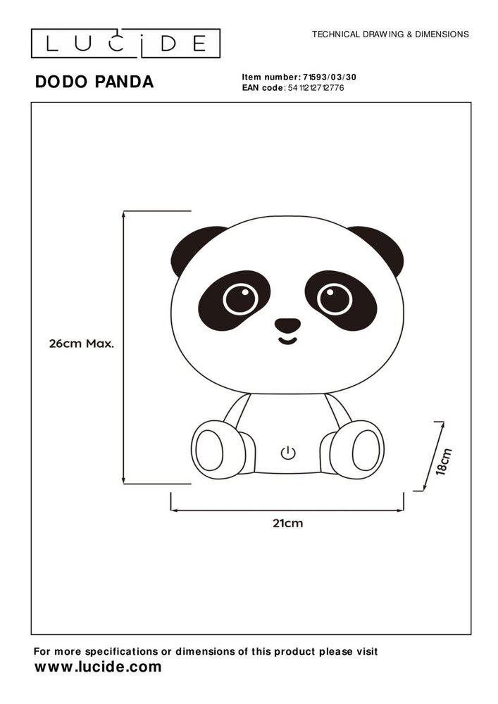 Lucide DODO PANDA - Kinderzimmer Tischlampe - LED 3 StepDim - 1x3W 4000K - Schwarz
