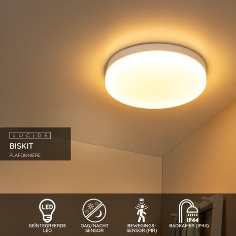 Lucide BISKIT - Deckenleuchte Bad - Ø 40 cm - LED - 1x36W 2700K - IP44 - Bewegungs- & Tag/Nachtsensor - Weiß Lucide BISKIT - Deckenleuchte Bad - Ø 40 cm - LED - 1x36W 2700K - IP44 - Bewegungs- & Tag/Nachtsensor - Weiß