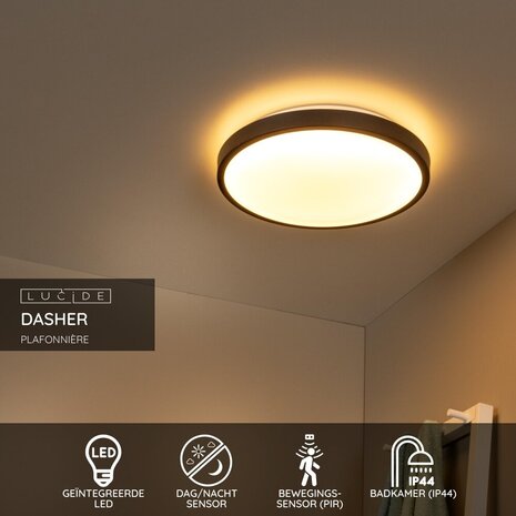 Lucide DASHER - Deckenleuchte Bad - Ø 41 cm - LED - 1x24W 2700K - IP44 - Bewegungs- & Tag/Nachtsensor - Schwarz