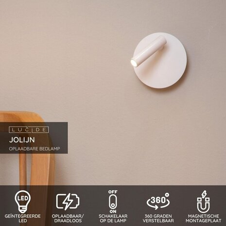 Lucide JOLIJN - Wiederaufladbare Bettleuchte/Wandleuchte - Batterie/Batterie - Ø 10,2 cm - LED - 1x2W 3000K - Magnetisch - Weiß Lucide JOLIJN - Wiederaufladbare Bettleuchte/Wandleuchte - Batterie/Batterie - Ø 10,2 cm - LED - 1x2W 3000K - Magnetisch - Weiß