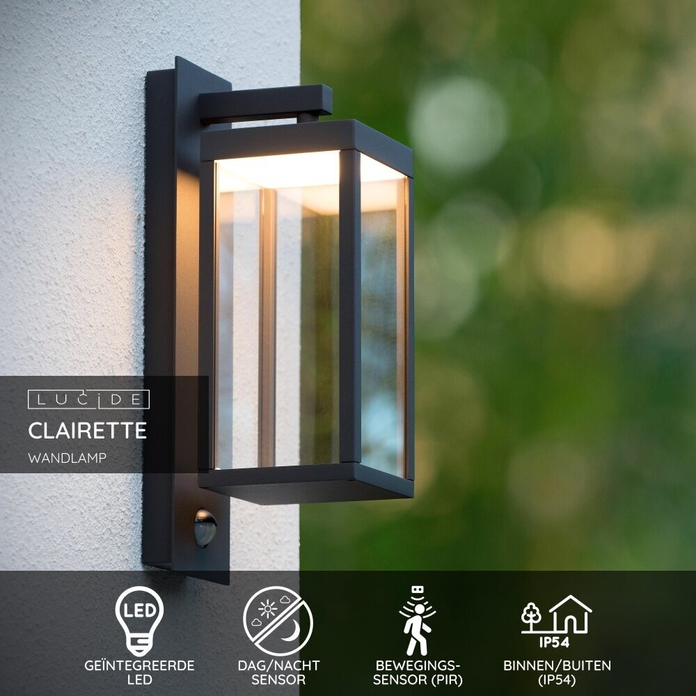 Lucide CLAIRETTE - Wandleuchte innen/außen - LED - 1x13W 3000K - IP54 - Bewegungs- & Tag/Nachtsensor (schaltbar) - Anthrazit Lucide CLAIRETTE - Wandleuchte innen/außen - LED - 1x13W 3000K - IP54 - Bewegungs- & Tag/Nachtsensor (schaltbar) - Anthrazit