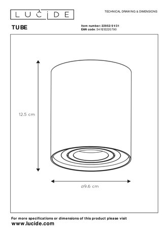 Lucide TUBE - Deckenstrahler - Ø 9,6 cm - 1xGU10 - Weiß Lucide TUBE - Deckenstrahler - Ø 9,6 cm - 1xGU10 - Weiß