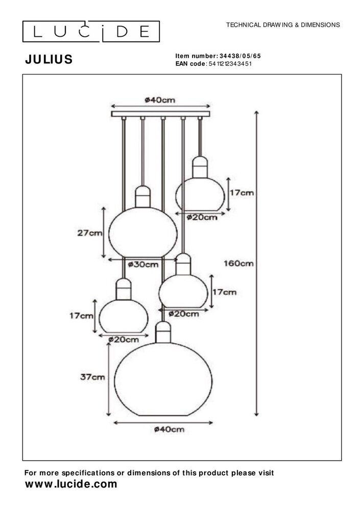 Lucide JULIUS - Hängeleuchte - 5xE27 - Fumé Lucide JULIUS - Hängeleuchte - 5xE27 - Fumé
