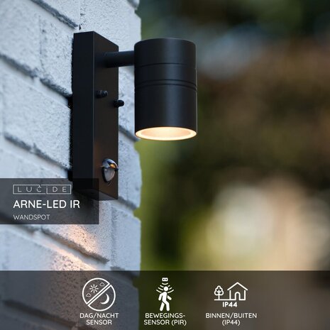 Lucide ARNE-LED IR - Wandstrahler / Wandleuchte Indoor/Outdoor - Ø 6,3 cm - LED - GU10 - 1x5W 2700K - IP44 - Bewegungs- & Tag/Nachtsensor - Schwarz Lucide ARNE-LED IR - Wandstrahler / Wandleuchte Indoor/Outdoor - Ø 6,3 cm - LED - GU10 - 1x5W 2700K - IP44 - Bewegungs- & Tag/Nachtsensor - Schwarz