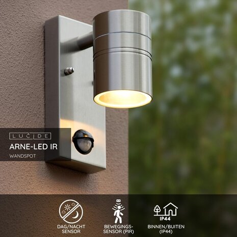 Lucide ARNE-LED IR - Wandstrahler / Wandleuchte Innen/Außen - Ø 6,3 cm - LED - GU10 - 1x5W 2700K - IP44 - Bewegungs- & Tag/Nachtsensor - Mattchrom Lucide ARNE-LED IR - Wandstrahler / Wandleuchte Innen/Außen - Ø 6,3 cm - LED - GU10 - 1x5W 2700K - IP44 - Bewegungs- & Tag/Nachtsensor - Mattchrom