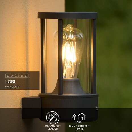 Lucide LORI - Wandleuchte Innen/Außen - Ø 12 cm - 1xE27 - IP44 - Tag/Nachtsensor - Anthrazit Lucide LORI - Wandleuchte Innen/Außen - Ø 12 cm - 1xE27 - IP44 - Tag/Nachtsensor - Anthrazit