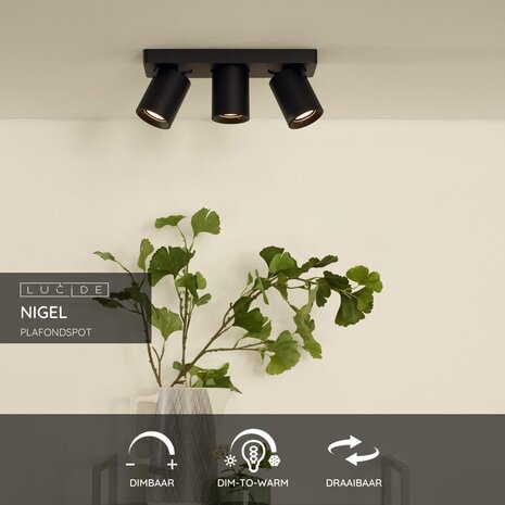 Lucide NIGEL - Deckenstrahler - LED Dim to warm - GU10 - 3x5W 2200K/3000K - Schwarz