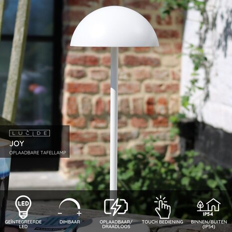 Lucide JOY - Wiederaufladbare Tischleuchte Innen/Außen - Batterie/Batterie - Ø 12 cm - LED Dimb. - 1x1,5W 3000K - IP54 - Weiß Lucide JOY - Wiederaufladbare Tischleuchte Innen/Außen - Batterie/Batterie - Ø 12 cm - LED Dimb. - 1x1,5W 3000K - IP54 - Weiß