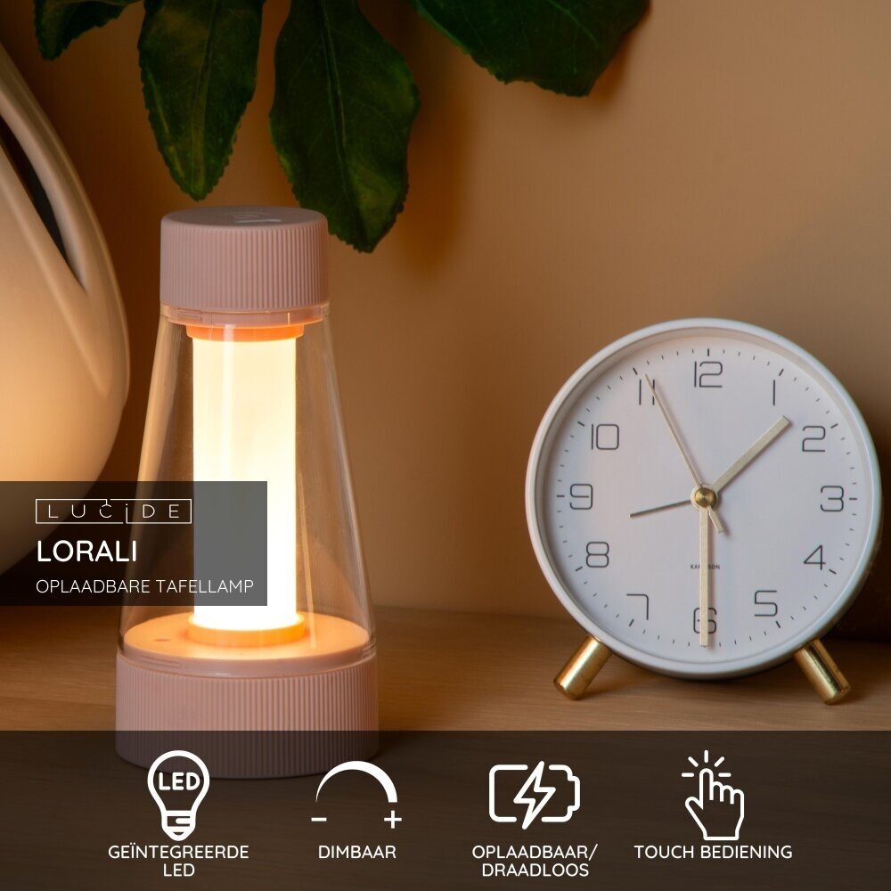 Lucide LORALI - Wiederaufladbare Tischleuchte Innen/Außen - Batterie/Batterie - Ø 7,7 cm - LED Dimb. - 1x1,2W 2600K/3000K - IP44 - Rosa