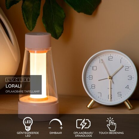 Lucide LORALI - Wiederaufladbare Tischleuchte Innen/Außen - Batterie/Batterie - Ø 7,7 cm - LED Dimb. - 1x1,2W 2600K/3000K - IP44 - Rosa