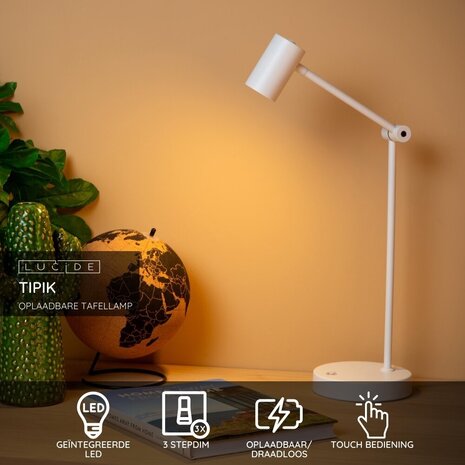 Lucide TIPIK - Wiederaufladbare Schreibtischlampe - Batterie/Batterie - LED 3 StepDim - 1x3W 2700K - Weiß