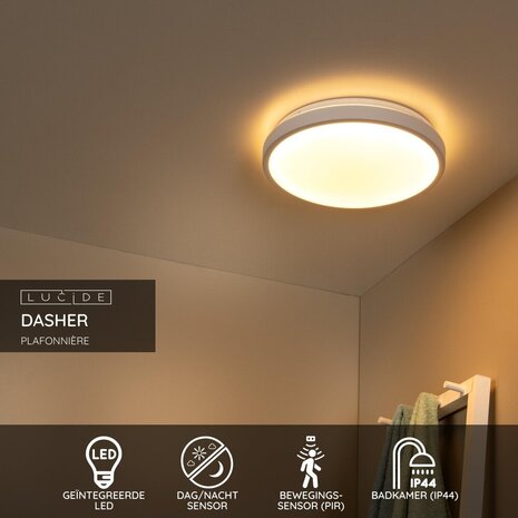 Lucide DASHER - Deckenleuchte Bad - Ø 34,8 cm - LED - 1x18W 2700K - IP44 - Bewegungs- & Tag/Nachtsensor - Weiß Lucide DASHER - Deckenleuchte Bad - Ø 34,8 cm - LED - 1x18W 2700K - IP44 - Bewegungs- & Tag/Nachtsensor - Weiß