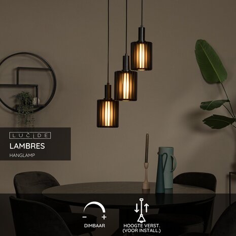 Lucide LAMBRES - Hängeleuchte - 3xE27 - Schwarz Lucide LAMBRES - Hängeleuchte - 3xE27 - Schwarz