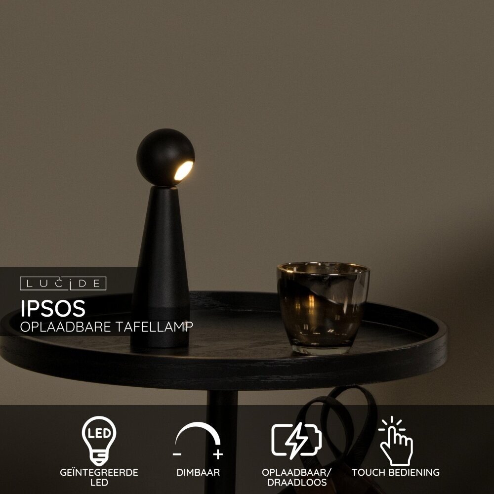 Lucide IPSOS - Wiederaufladbare Tischleuchte - Batterie/Batterie - LED Dimmen bis warm - 1x3W 3000K/3200K - Schwarz