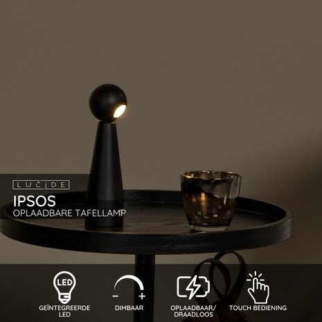 Lucide IPSOS - Wiederaufladbare Tischleuchte - Batterie/Batterie - LED Dimmen bis warm - 1x3W 3000K/3200K - Schwarz