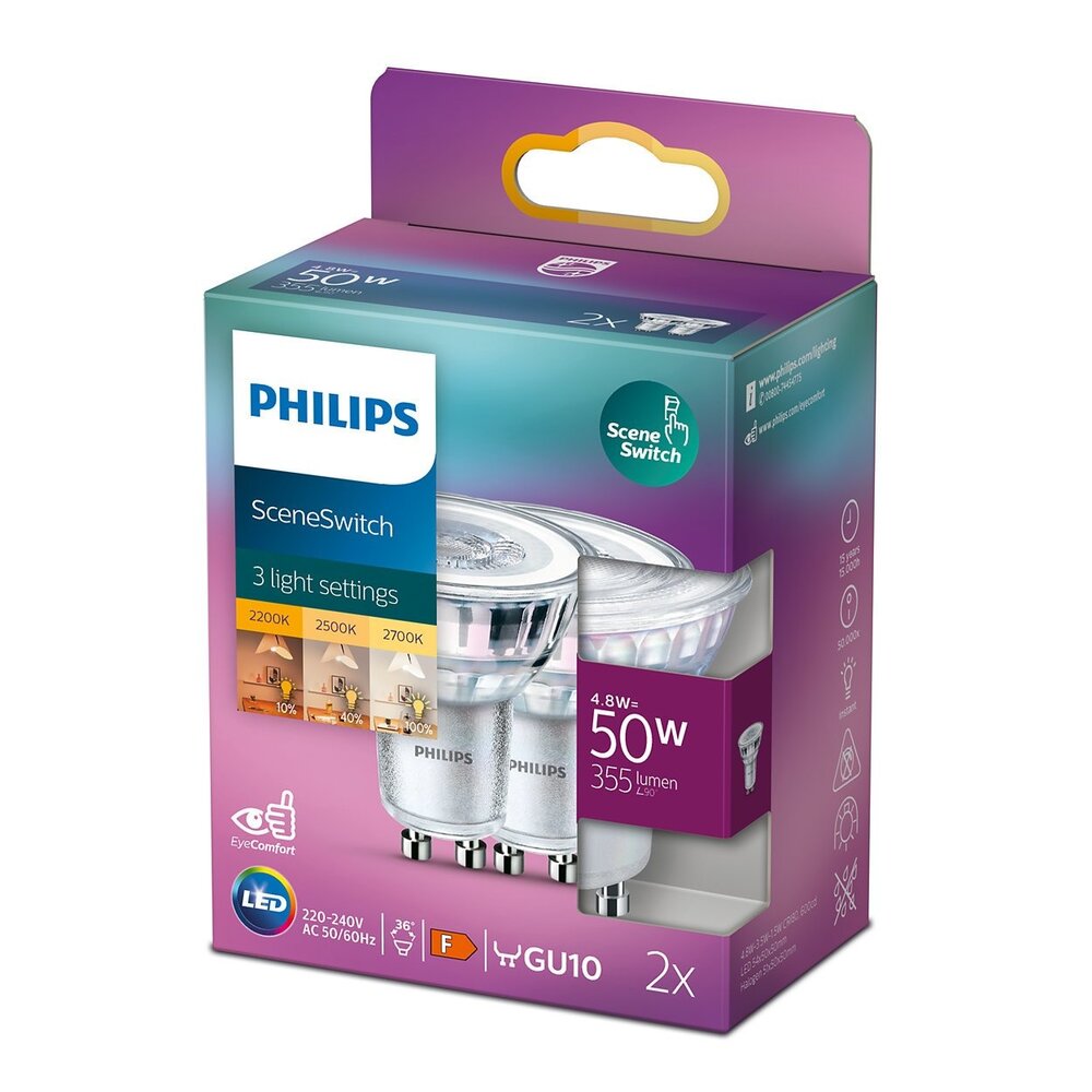 Philips LED GU10 Lampe 4,8 Watt Set mit 2x Philips SceneSwitch DIM Philips LED GU10 Lampe 4,8 Watt Set mit 2x Philips SceneSwitch DIM