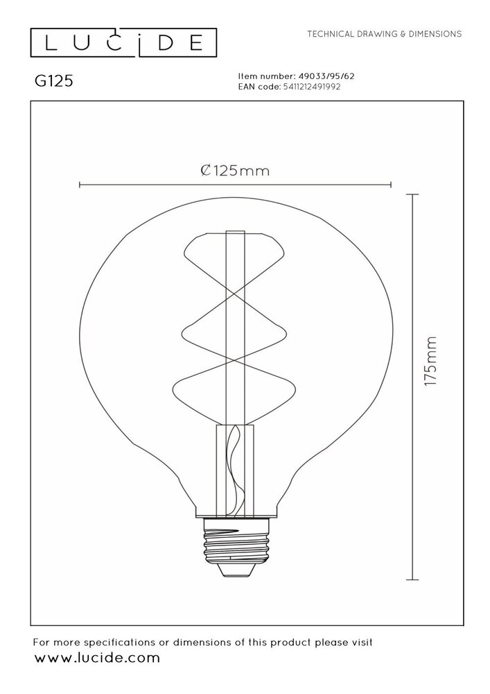 Lucide G125 - Glühlampe - Ø 12,5 cm - LED 3 StepDim (Memory) - E27 - 1x4,9W 2200K - Amber Lucide G125 - Glühlampe - Ø 12,5 cm - LED 3 StepDim (Memory) - E27 - 1x4,9W 2200K - Amber