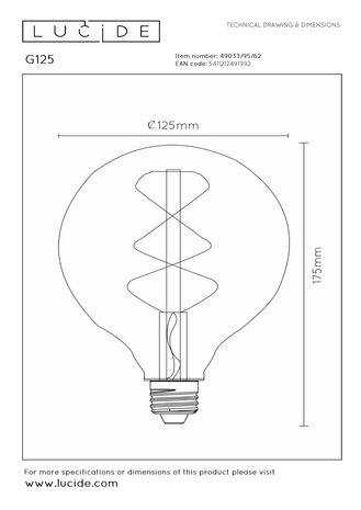 Lucide G125 - Glühlampe - Ø 12,5 cm - LED 3 StepDim (Memory) - E27 - 1x4,9W 2200K - Amber Lucide G125 - Glühlampe - Ø 12,5 cm - LED 3 StepDim (Memory) - E27 - 1x4,9W 2200K - Amber