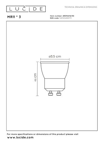 Lucide MR11 * 3 - LED Birne - Ø 3,5 cm - LED Dimb. - GU10 - 3x3,8W 2700K - Schwarz - 3er Set
