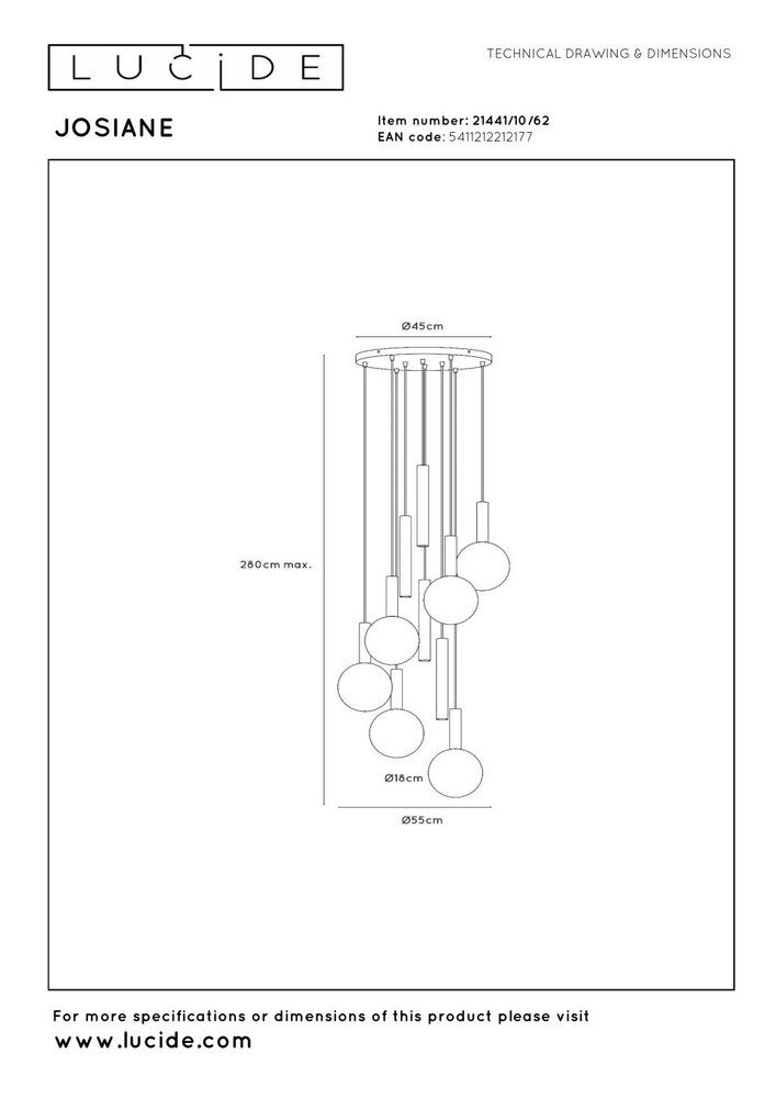 Lucide JOSIANE - Hängeleuchte - Ø 55 cm - 6xG9 , 4xGU10M - Schwarz