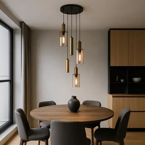Highlight Hängeleuchte Perugia 3+2 Leuchten Ø 45 cm schwarz bernstein Highlight Hängeleuchte Perugia 3+2 Leuchten Ø 45 cm schwarz bernstein