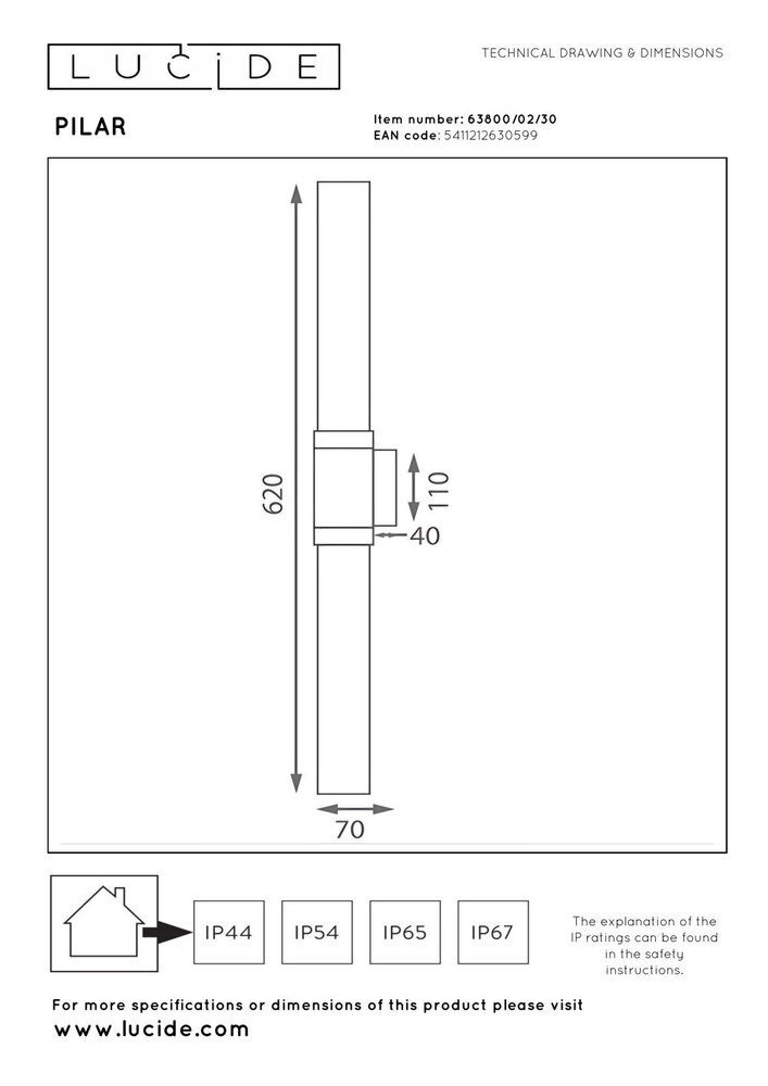 Lucide PILAR – Wandleuchte für den Innen- und Außenbereich – 2xE27 – IP54 – Schwarz | Essential