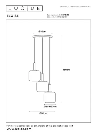 Lucide ELOISE - Hängeleuchte - Ø 40 cm - 3xE27 - Schwarz