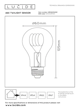 Lucide A60 TWILIGHT SENSOR - Glühlampe - Ø 6 cm - LED - E27 - 1x4W 2200K - Tag/Nacht Sensor - Bernstein