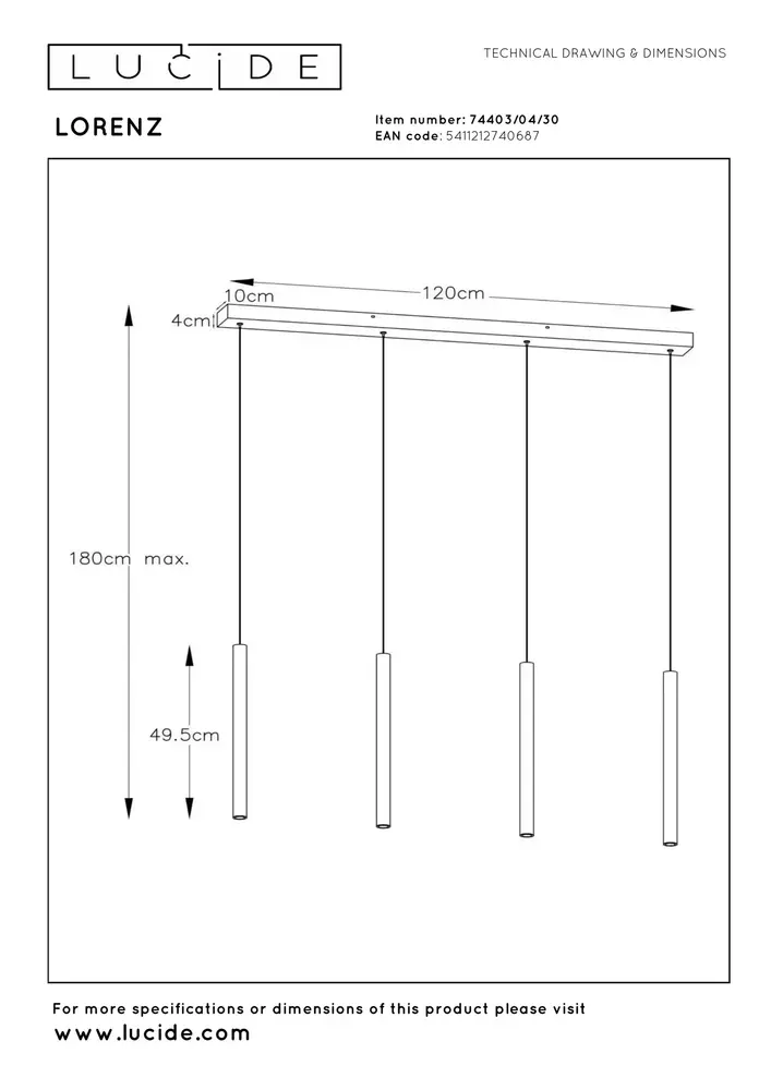 Lucide LORENZ - Hängeleuchte - LED Dimb. - 4x4W 3000K - Schwarz