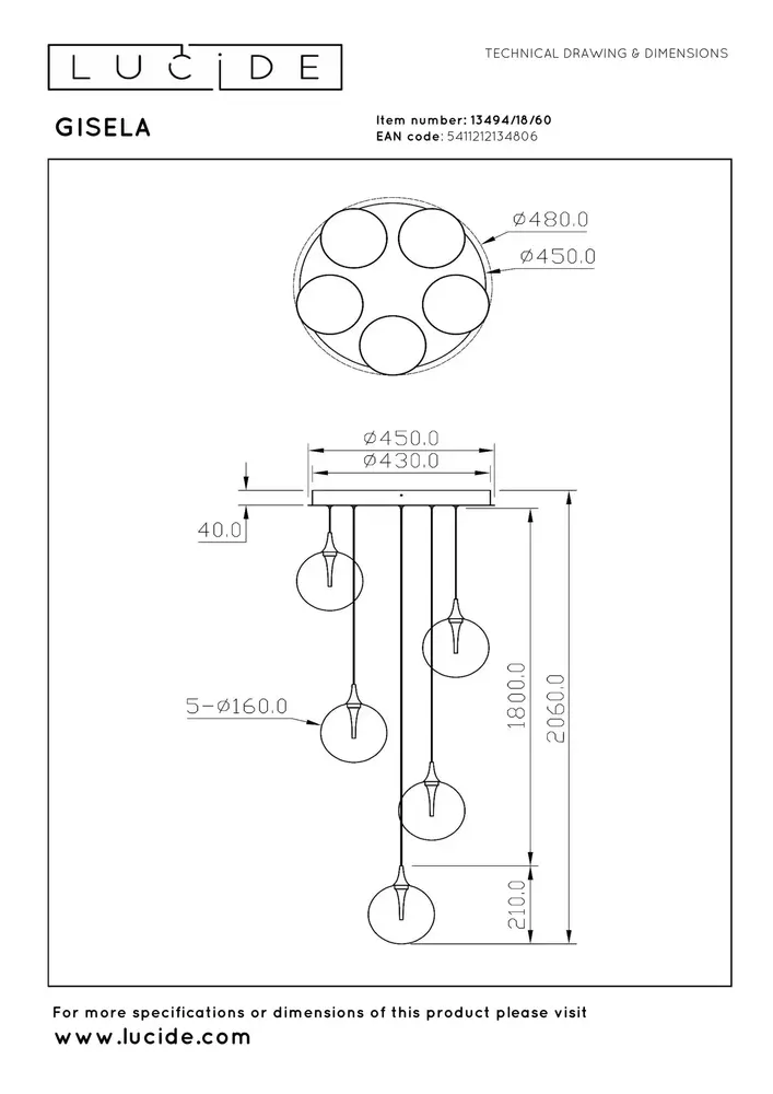 Lucide Premium GISELA - Hängeleuchte - Ø 48 cm - LED Dimb. - 5x3,8W 2700K - Transparent