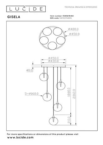 Lucide Premium GISELA - Hängeleuchte - Ø 48 cm - LED Dimb. - 5x3,8W 2700K - Transparent