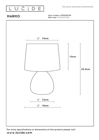 Lucide MARMO - Tischleuchte - Ø 16 cm - 1xE14 - Schwarz
