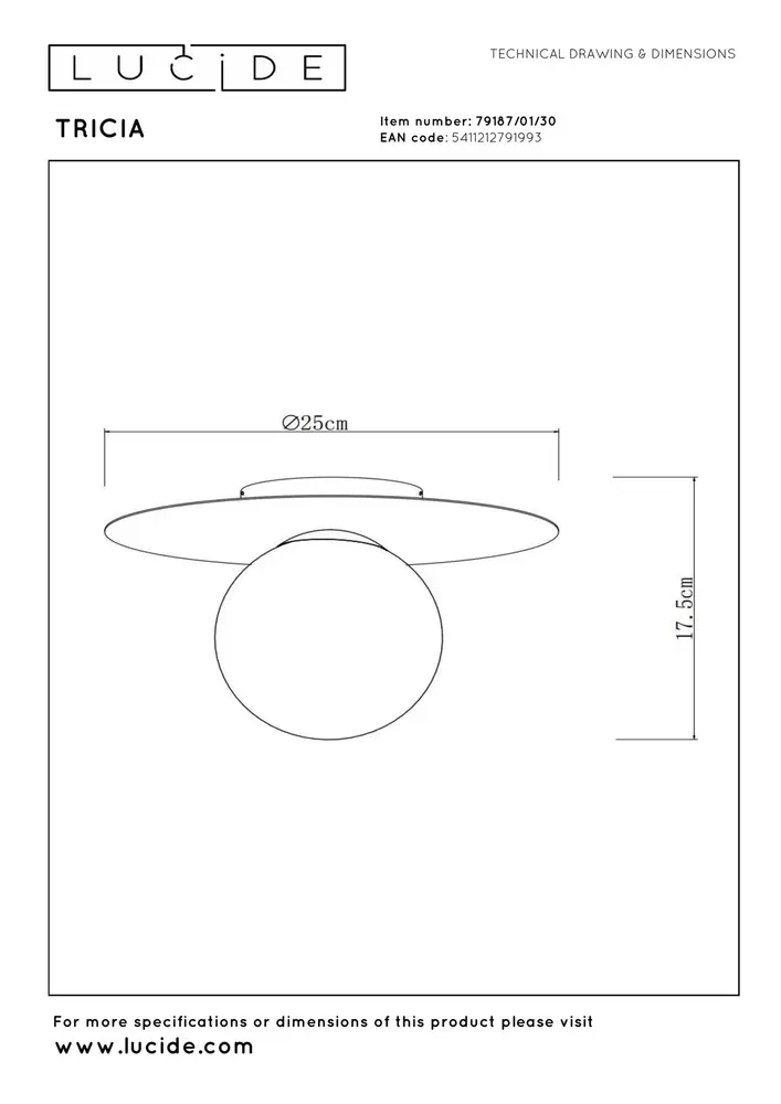 Lucide TRICIA - Deckenleuchte - Ø 25 cm - 1xE27 - Schwarz