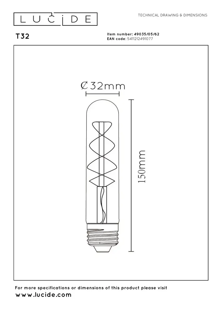 Lucide T32 - Glühlampe - Ø 3 cm - LED Dimb. - E27 - 1x4,9W 2200K - Bernstein
