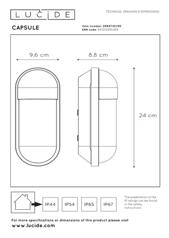 Lucide CAPSULE - Wandleuchte Indoor/Outdoor - 1xE27 - IP54 - Schwarz