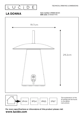Lucide LA DONNA - Wiederaufladbare Tischleuchte Innen/Außen - Batterie/Batterie - Ø 19,7 cm - LED 3 StepDim - 1x2W 2700K - IP54 - Weiß