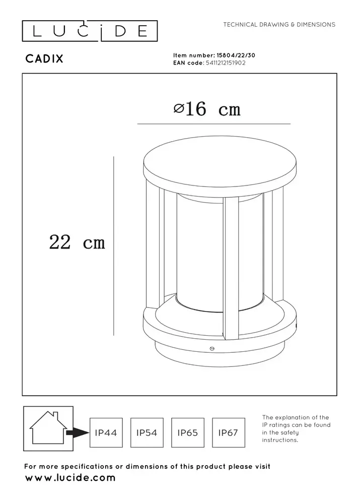 Lucide CADIX - Sockellampe - Ø 16 cm - 1xE27 - IP65 - Schwarz