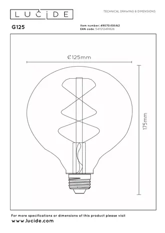 Lucide G125 - Glühlampe - Ø 12,5 cm - LED Dimb. - E27 - 1x8W 2700K - Bernstein