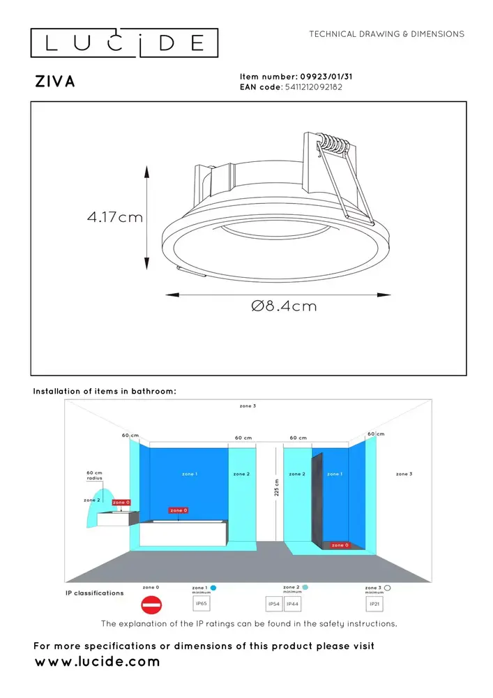 Lucide ZIVA - Downlight Badezimmer - Ø 8,5 cm - 1xGU10 - IP44 - Weiß Lucide ZIVA - Downlight Badezimmer - Ø 8,5 cm - 1xGU10 - IP44 - Weiß