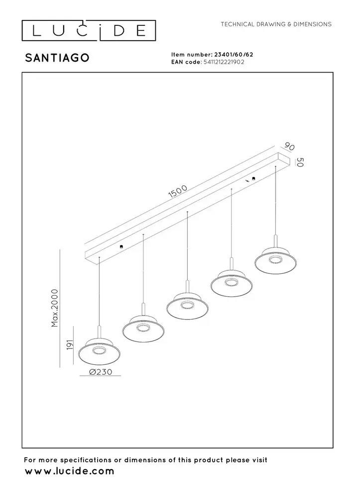 Lucide Premium SANTIAGO - Hängeleuchte - LED Dimb. - CCT - 5x72W 2700K/4000K - Bernsteinfarben
