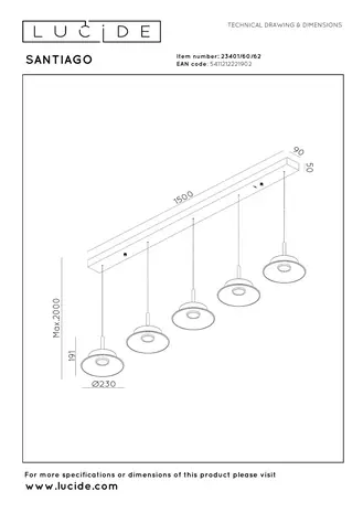 Lucide Premium SANTIAGO - Hängeleuchte - LED Dimb. - CCT - 5x72W 2700K/4000K - Bernsteinfarben