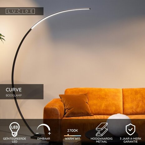 Lucide CURVE – Bogenlampe – LED, dimmbar – 1×15 W, 2700 K – Schwarz