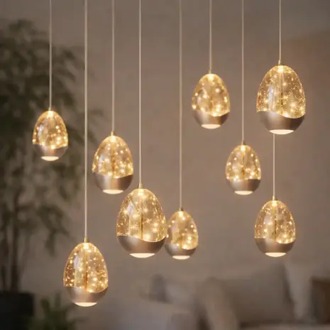 Highlight Hängeleuchte Egg, oval, 12-flammig, L 140 cm, champagnerfarben