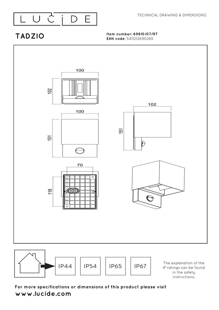TADZIO - Wandlamp Binnen/Buiten - LED Dimb. - CCT - 1x7W 2700K/4000K - IP65 - Bewegingssensor - Roest bruin | Essential