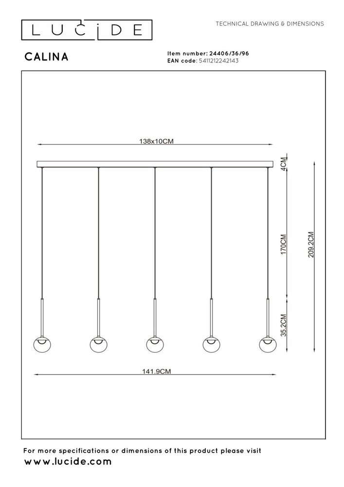 Lucide CALINA – Hängeleuchte – LED, dimmbar – CCT – 5 × 8,2 W, 2200 K/3300 K – Mit austauschbarem LED-Modul – Kaffee | Premium