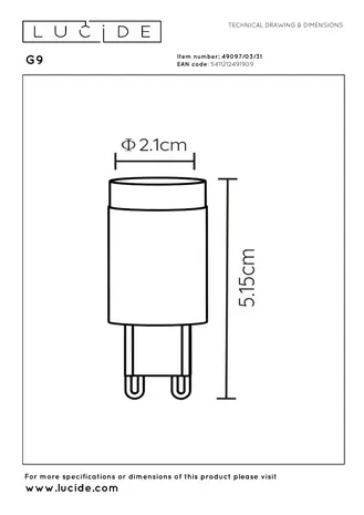 Lucide G9 - Led-Glühbirne - Ø 2.1 cm - LED Dim - G9 - 1x3W 2600K/2700K - Weiß Lucide G9 - Led-Glühbirne - Ø 2.1 cm - LED Dim - G9 - 1x3W 2600K/2700K - Weiß
