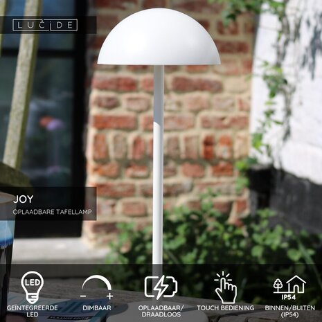 Lucide JOY - Wiederaufladbare Tischleuchte Innen/Außen - Batterie/Batterie - Ø 12 cm - LED Dimb. - 1x1,5W 3000K - IP54 - Weiß
