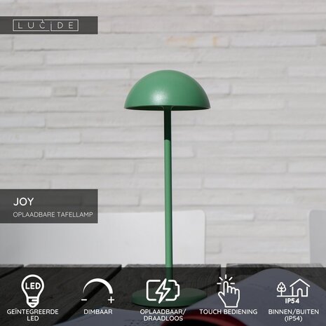 Lucide JOY - Wiederaufladbare Tischleuchte Innen/Außen - Batterie/Batterie - Ø 12 cm - LED Dimb. - 1x1,5W 3000K - IP54 - Grün Lucide JOY - Wiederaufladbare Tischleuchte Innen/Außen - Batterie/Batterie - Ø 12 cm - LED Dimb. - 1x1,5W 3000K - IP54 - Grün